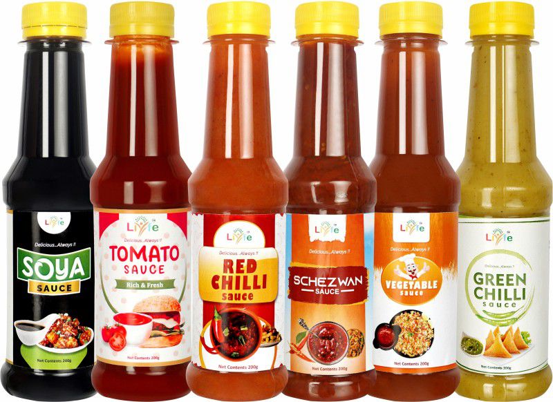 LIYFE Combo of 6 Sauce (Schezwan Sauce+Vegetable Sauce+Tomato Ketchup+Red Chilli+Green Chilli+Soya Sauce) Sauces & Ketchup  (6 x 200 g)
