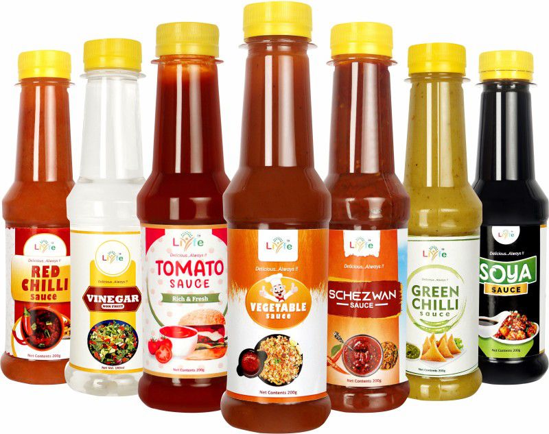 LIYFE Combo of 7 Sauce (Schezwan Sauce+Vegetable Sauce+Soya Sauce+Tomato Ketchup+Green Chilli+Vinegar+Red Chilli) Sauces & Ketchup  (7 x 197.14 g)
