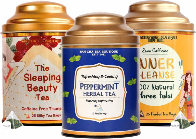 SANCHA Caffeine Free Tea Bundle| Assorted Destress Teas Bundle| Pack of 3| Herbal Tea Bags Tin  (3 x 25 g)