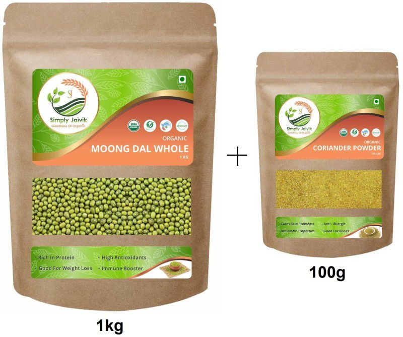 Simply Jaivik Moong Dal Whole 1000g Organic- Green Gram Moong Dal With 100g Coriander Powder Combo  (1kg Moong Dal_100g Coriander Powder)