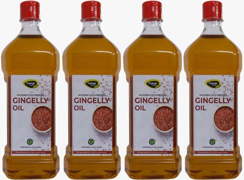 THANJAI NATURAL Virgin Gingelly Oil 4Ltr Wooden Cold Pressed/Sesame Oil for Cooking- Heart Health/Unrefined/Cholesterol Free /No Preservatives Sesame Oil Plastic Bottle  (4 x 1 L)
