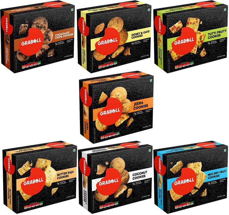 GRABOLL Pack of 7 |1400 g | combo (Chocolate, Tutti fruity, Mixed dry fruit, Jeera, Butter kaju, Coconut, Honey and Oats) |Gourmet Handmade Cookies With Goodness Of Cow Ghee Cookies  (1400 g, Pack of 7)