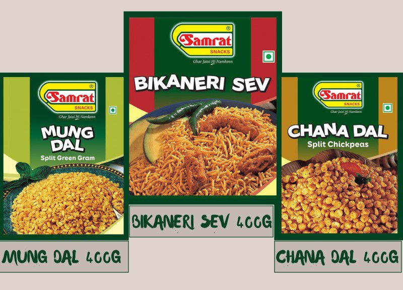 SAMRAT |Assorted Combo Pack 3| Mung Dal |BIKANERI SEV |Chana Dal |Tasty Snacks |NAMKEEN  (3 x 400 g)