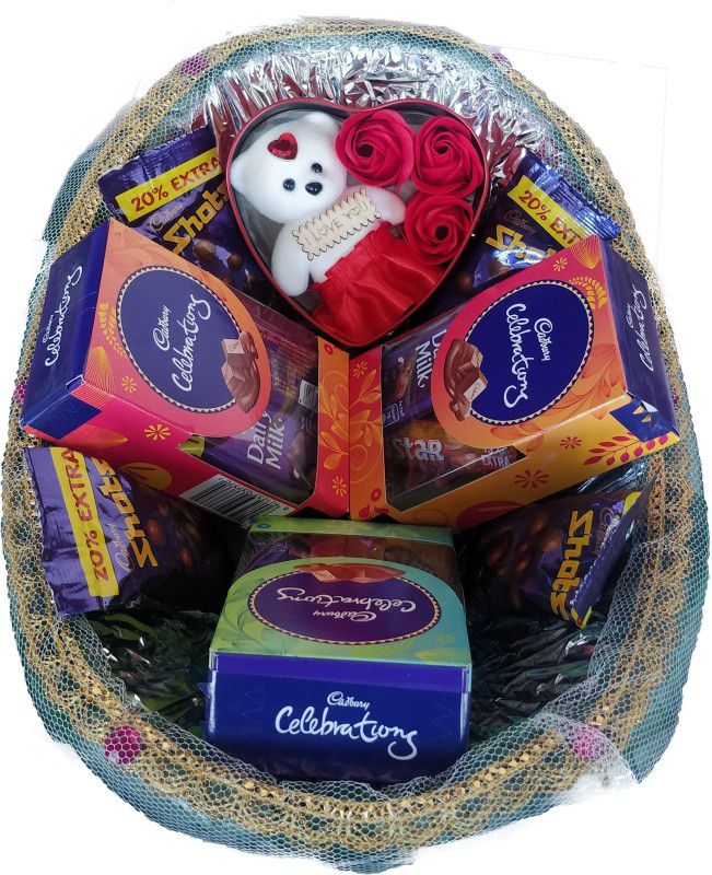 FestivalsBazar Perfect Gift |Multi Premium Chocolate Gift Hamper Basket Combo  (Cadbury Mini chocolate - 3, Heart-Shaped Teddy & Flowers Box -1, Cadbury Shots - 4)