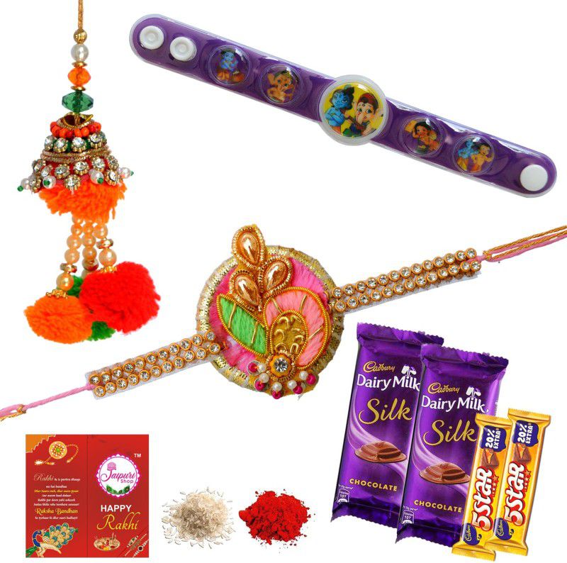 Jaipuri Shop Cadbury - 5Star Chocolate Gift Hamper With Multicolor Exclusive Bhaiya-Bhabhi With KrishanaGanesh Kids 3 Rakhi Set Combo  (2 Rakhi, 1 Lumba, 4 Choclate, 1 Greeting card, 1 Roli chawal)