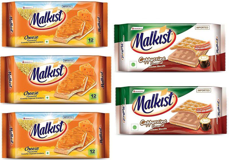 Malkist Cheese and Cappuccinod 2 Flavored Crunchy Crackers Biscuits 138gm (12 Piece Per Pack) Cream Cracker Biscuit  (690 g, Pack of 5)
