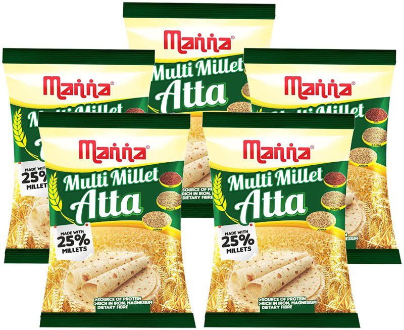 Manna Multi Millet Atta - 5kg (1kg x 5 Packs) - MultiGrain Atta with 25% Millets, Tasty and Healthier Rotis everyday. 100% Natural Flour. Nutrient Powerhouse  (5 kg, Pack of 5)