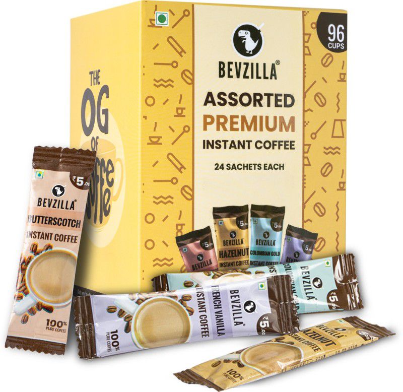 Bevzilla Instant Coffee Powder - 96 Sachets Box Flavour,24 Sachets Each Flavour Instant Coffee  (96 x 2 g, Assorted Flavoured)