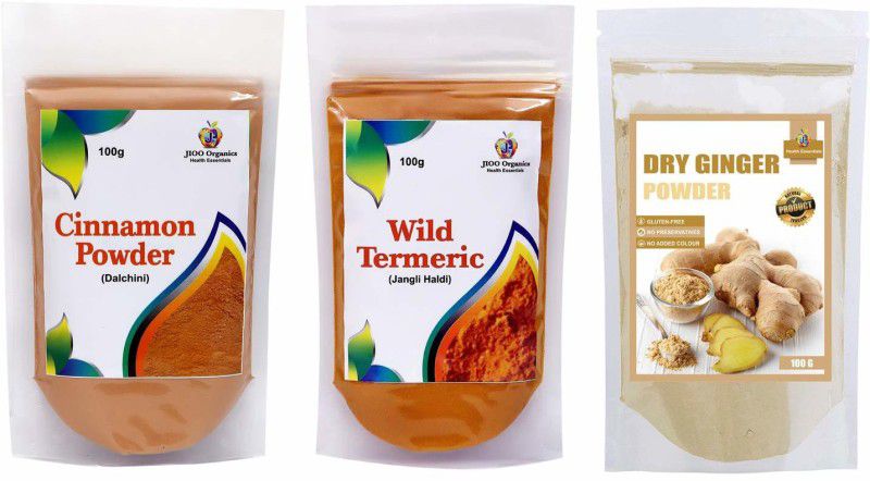 Jioo Organics Cinnamon Powder (Dalchini), Wild Turmeric or Amba Haldi and Dry Ginger Powder| 100 Gram Each  (3 x 100 g)