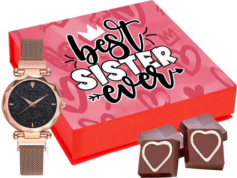 Chocoloony Love You Sister Chocolate Box with Rose Gold Magnet Watch Combo Gift for Rakhi, Raksha Bandhan and Birthday Combo  (9 Pcs Chocolate Box - 1 Wrist Watch)