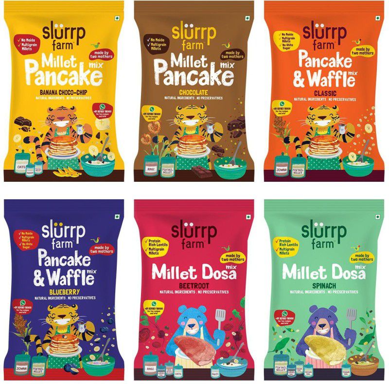 Slurrp Farm Millet Pancake and Millet Dosa Mix Trial Pack Combo, No Maida No White Rice - Banana Choco-chip, Chocolate, Blueberry and Classic Vanilla Pancake Mix, Spinach and Beetroot Millet Dosa Mix, 300g (50g each) 300 g  (Pack of 6)