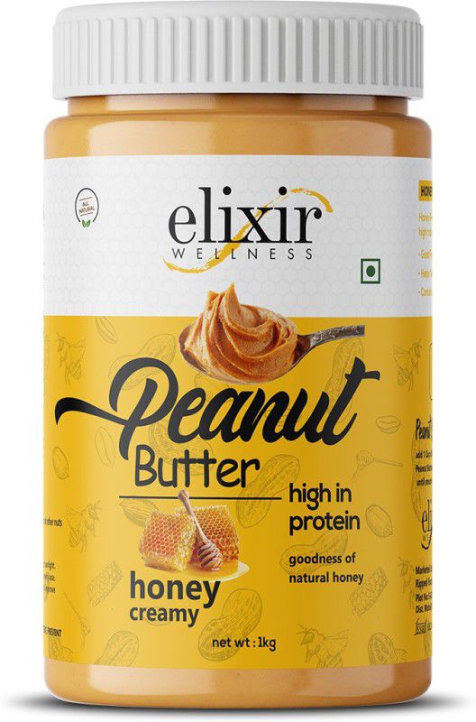 Elixir Wellness Natural Honey Peanut Butter Creamy | High Protein | Non GMO | Gluten Free Vegan 1 kg