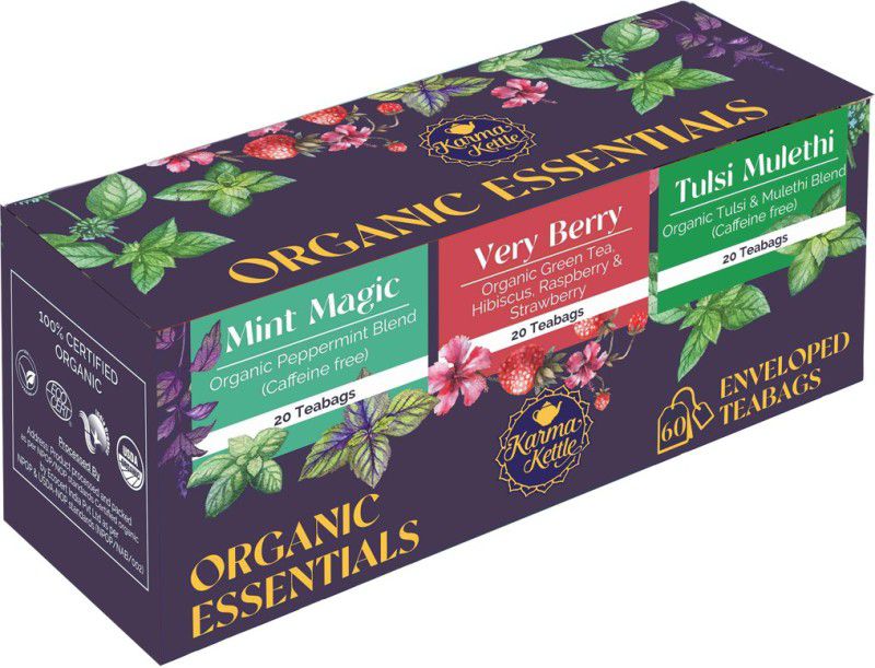 Karma Kettle Organic Essentials - 60 Staple Free Double Chambered Teabags - Peppermint, Mint, Hibiscus, Raspberry, Strawberry, Tulsi, Liquorice Herbal Tea Bags Box  (60 x 1 Bags)