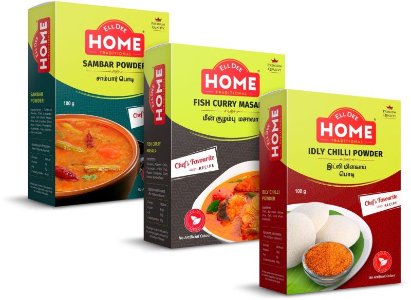EllDee HOME | Premium Masala | Idly Chilli Powder (100g) + Fish Curry (50g) + Sambar Powder  (3 x 33.33 g)