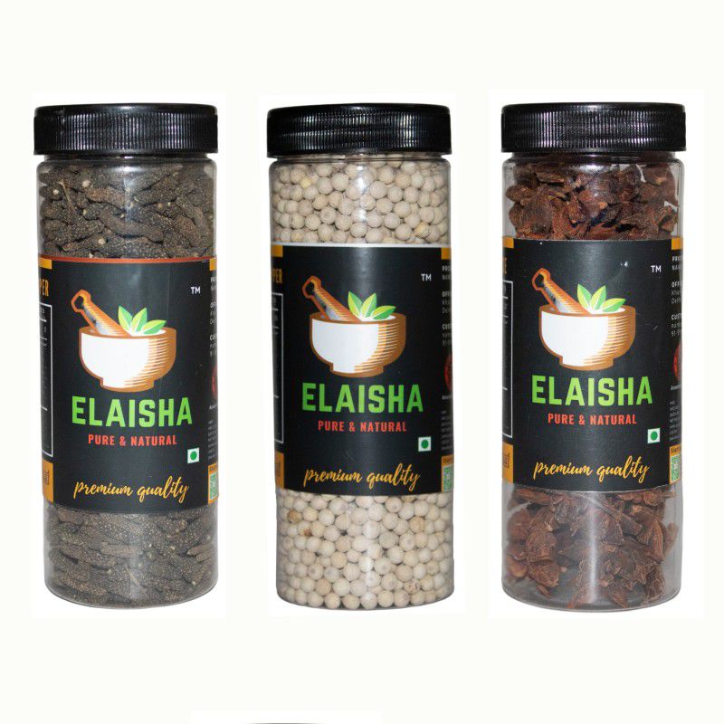ELAISHA Pipal Choti Pipali Piper Retrofractum (150 Grams)-White Pepper Safed Mirch (200 Grams)-Star Anise Whole Chakri Phool Badiyan (75 Grams)  (3 x 141.67 g)