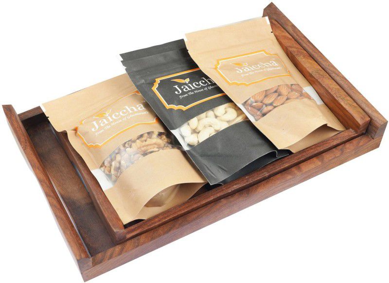 Jaiccha Striped Wooden Trays of Cashews, Almonds and Walnuts Combo  (300 g)