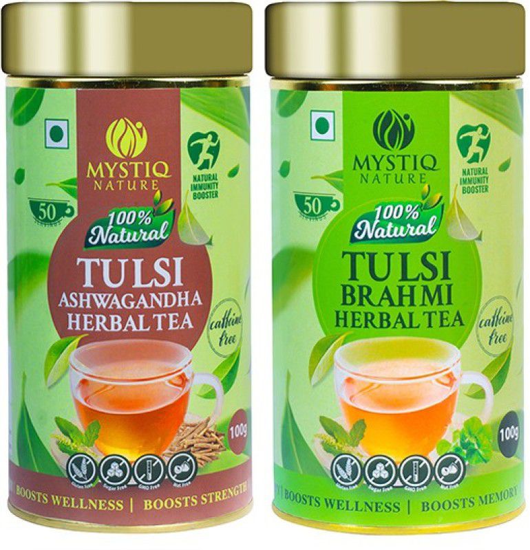 Mystiq Nature TULSI ASHWAGANDHA + BRAHMI HERBAL FLAVOURED TEA COMBO (100GM + 100GM) Tulsi Herbal Tea Tin  (2 x 100 g)