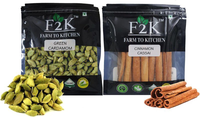 F2K FARM TO KITCHEN Cinnamon/ Dalchini & Hari ElaichiGreen Cardamom/ Masala chai Ingredients spices combo  (2 x 50 g)