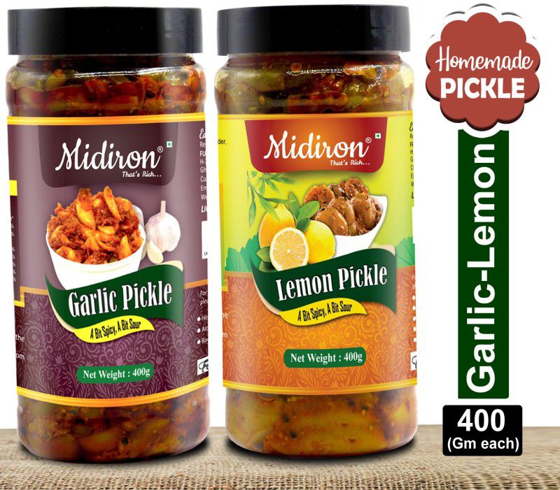 Midiron Homemade Pickle |Lemon Pickle| Garlic Pickle| Punjabi Traditional Flavor Pickle |Sour & Spicy | Nimboo Ka Aachar | Lehsun Ka Aachar (400 gm) Garlic, Lemon Pickle  (2 x 400 g)