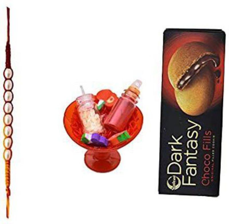 NUTRI MIRACLE Rakhi,Chocolate Hampers & Gourmet Gifts with Pearl Dora Rakhi, Dark Fantasy and Decorative Tilak Kit Combo  (Dark Fantasy 1 Pc-Pearl Dora Rakhi 1 Pc- Tilak Kit 1 Pc)