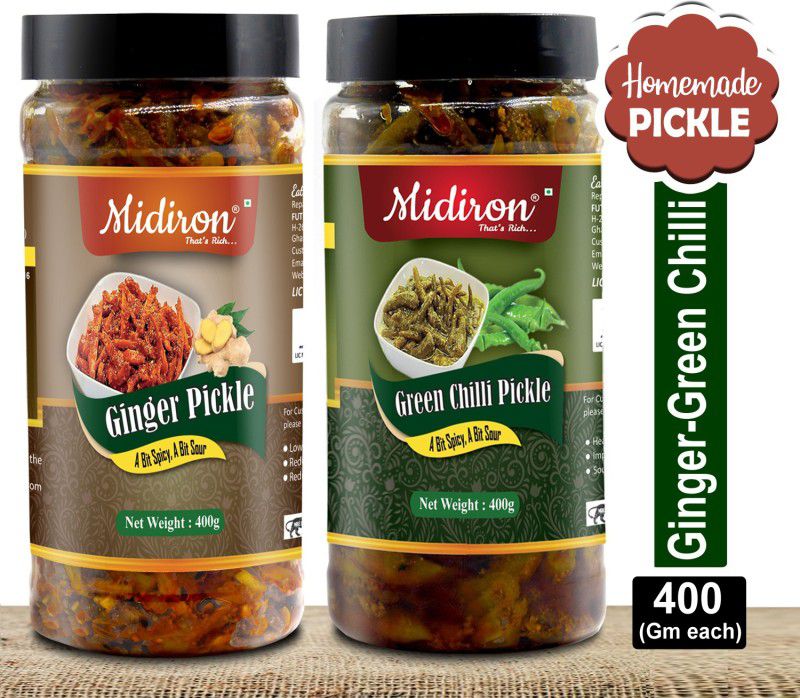 Midiron Homemade Pickle |Ginger Pickle| Green Chilli Pickle| Punjabi Traditional Flavor Pickle |Sour & Spicy | Hari Mirch Aachar | Aadrak Ka Aachar (400 gm) Ginger, Green Chilli Pickle  (2 x 400 g)