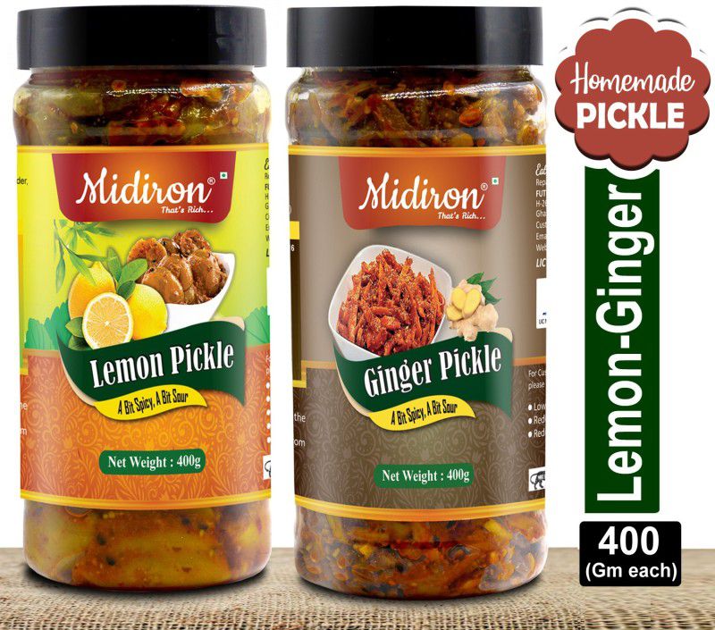 Midiron Homemade Pickle |Lemon Pickle| Ginger Pickle| Punjabi Traditional Flavor Pickle |Sour & Spicy | Aadrak Ka Aachar | Nimboo Ka Aachar (400 gm) Ginger, Lemon Pickle  (2 x 400 g)