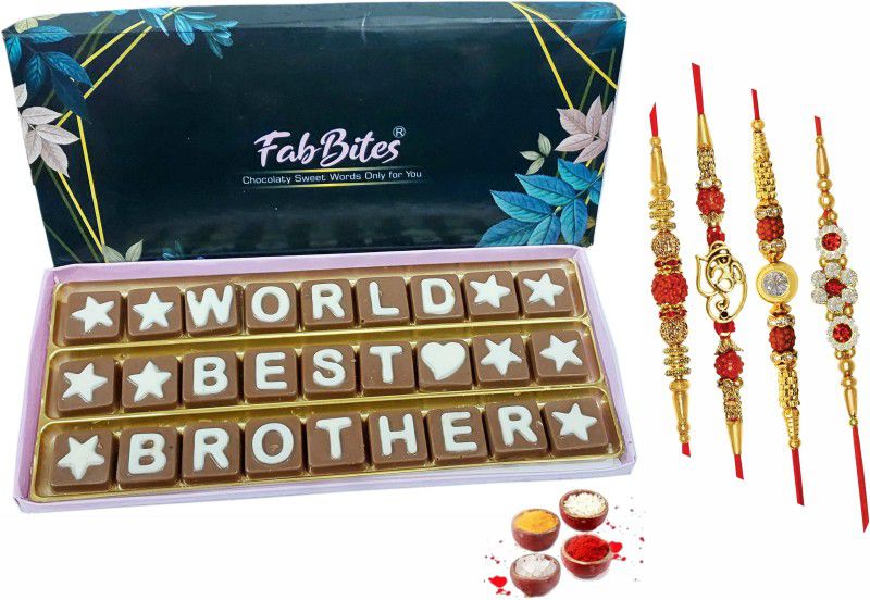 FabBites Rakhi with Chocolate for Brother/Bhaiya|Rakhi Chocolate Gift Little/Elder Bro Combo  (World Best Brother Chocolate Message -1, Rakhi -4, Tilak)
