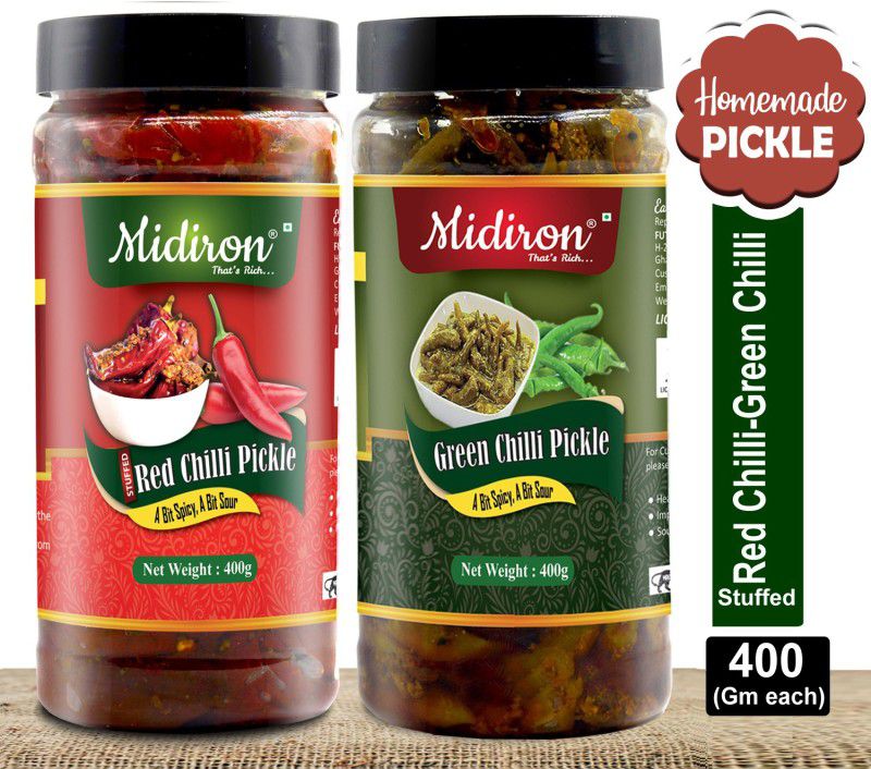 Midiron Homemade Pickle |Stuffed Red Chilli Pickle| Green Chilli Pickle| Punjabi Traditional Flavor Pickle |Sour & Spicy | Lal Mirch Ka Aachar | Hari MIrch Ka Aachar (400 gm) Green Chilli, Red Chilli Pickle  (2 x 400 g)
