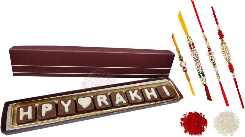 FabBites Happy Rakhi Chocolate Message with 4 Rakhi,Chawal and Tilak Combo  (7)