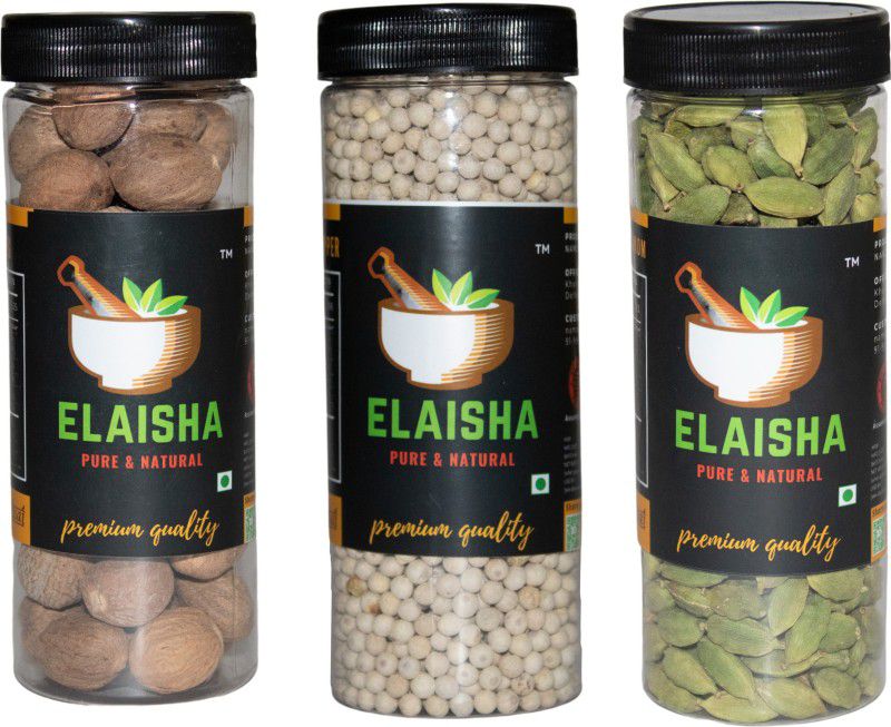 ELAISHA Nutmeg Jaifal Jaiphal (175 Grams)-White Pepper Safed Mirch (200 Grams)-Green Cardamom Whole / Choti Elaichi (100 Grams)  (3 x 158.33 g)