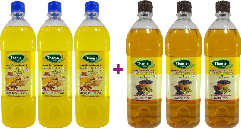 THANJAI NATURAL WOODEN COLD PRESSED GROUNDNUT OIL 1 LITRE X 3 & GINGELLY OIL 1 LITRE X 3 PURE 100% Natural No Preservatives No Chemicals Combo  (GROUNDNUT OIL 3 LITRES, GINGELLY OIL 3 LITRES)