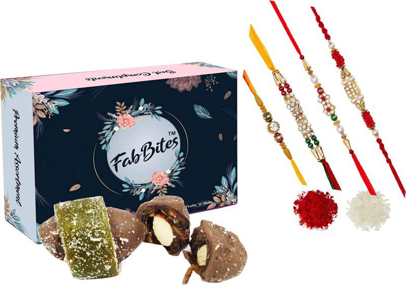 FabBites Milk chocolate almond date wrapped in Green aam papad with 4 rakhi ,Tilak and chawal Combo  (7)