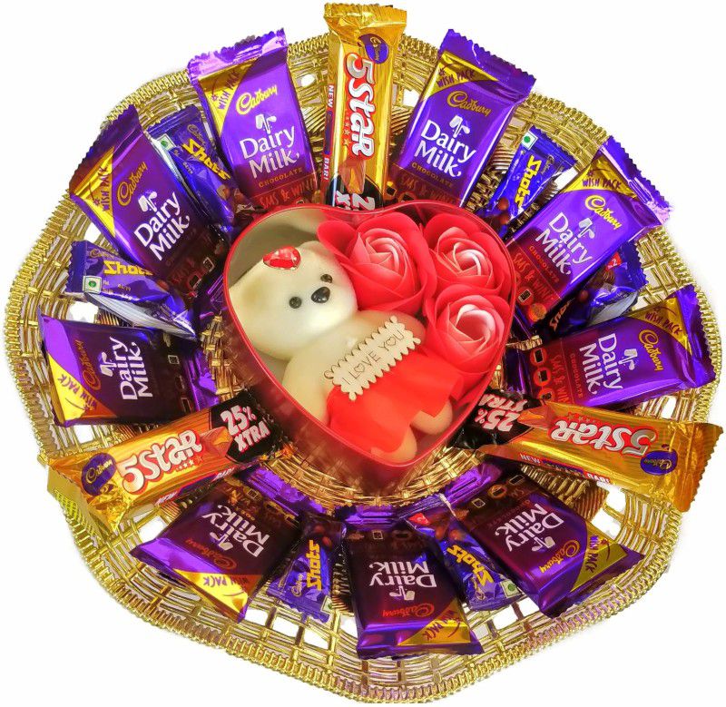 FestivalsBazar Premium Chocolate Gift Hamper For Any Occasion Combo  (Cadbury Dairy Milk Chocolates - 9, Cadbury Dairy Milk Shots - 6, Cadbury 5 Star Chocolate -3, Heart-Shaped Teddy & Flowers Box- 1)