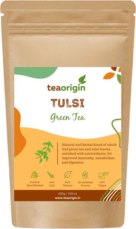 Tea Origin Tulsi Green Tea | 100% Natural Ingredients | Green Tea Leaves & Tulsi Leaves | Rejuvenates, Promotes Concentration & Focus, Improves metabolism | Pack of 2 (100g each) Tulsi Green Tea Pouch  (2 x 100)