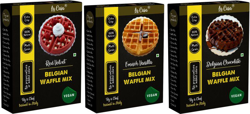 La Casa French Vanilla + Belgian Chocolate + Red Velvet Belgian Waffle Mix | Combo Pack | Pancake Mix | Multigrain | Vegan | Egg-Less | Extra Crisp | 1.2 kms | 1200 g  (Pack of 3)
