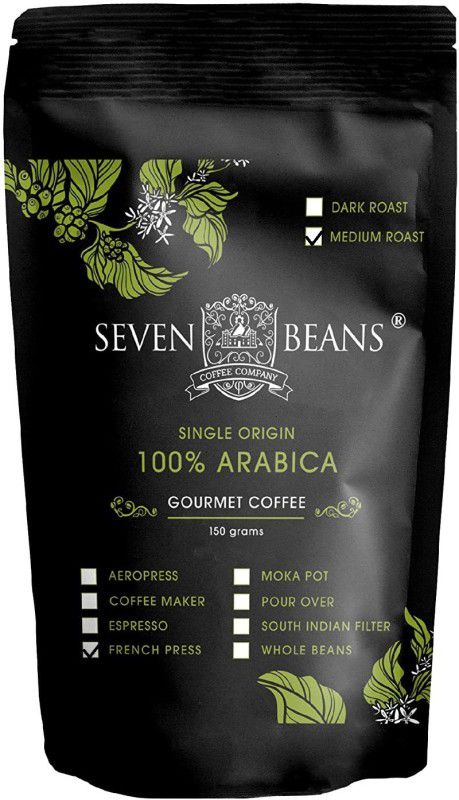Seven Beans Coffee Company 100% Arabica MEDIUM Roast Single Origin (French Press Grind) Gourmet Indian Filter Coffee  (250 g)