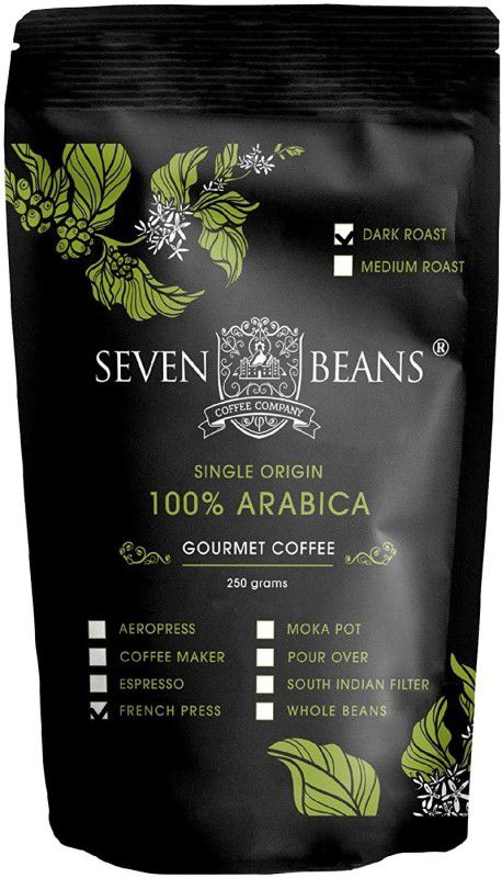 Seven Beans Coffee Company 100% Arabica DARK Roast Single Origin (French Press Grind) Gourmet Indian Filter Coffee  (250 g)