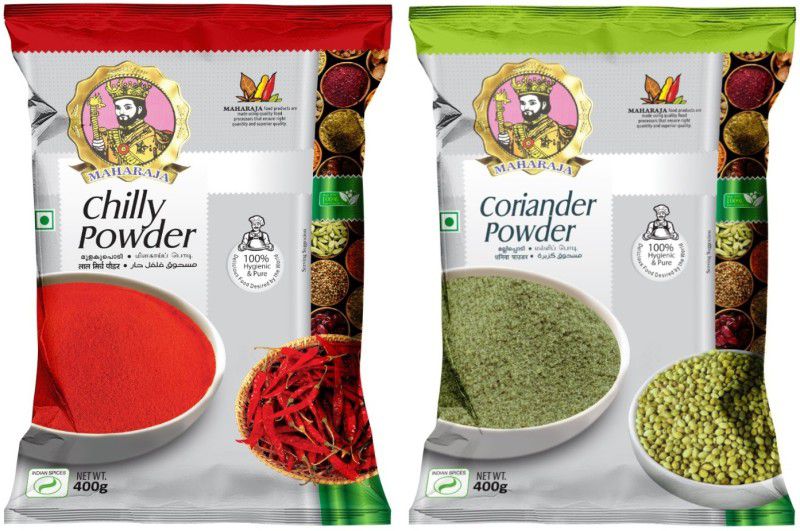 MAHARAJA Pure Chilli (Mild Spicy) & Coriander Powder Combo (Laal Mirchi & Dhaniya) 400g each  (2 x 400 g)