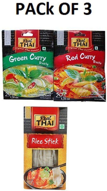 Real Thai Rice Stick 5mm noodles 375Gm& Red Curry Paste 50Gm &Green Curry Paste 50Gm (Pack Of 3) Imported 475Gm (Vegetarian) (Combo Pack) Combo  (475 Gm)