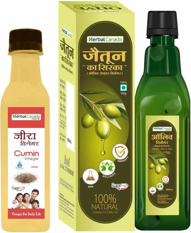 HARC Herbal Canada Jeera Vinegar (250ml) + Olive Vinegar (500ml) | Sirka | Healthy Combo Pack Vinegar  (2 x 375 ml)