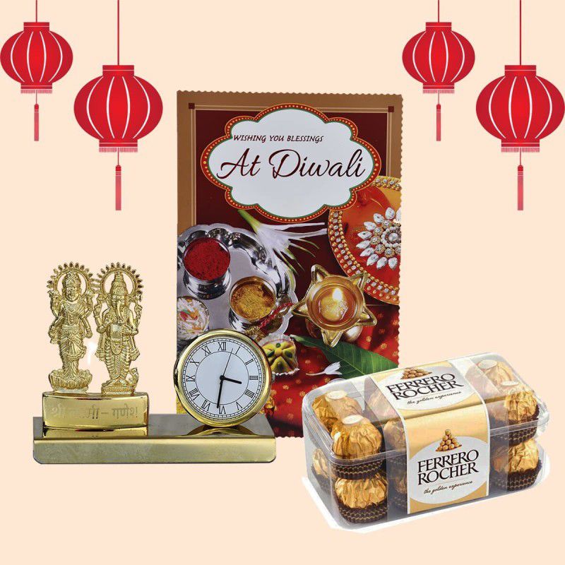 Saugat Traders ST0007008 Combo  (1 Greeting Card, 1 Chocolate 200 gm, 1 Metal Lord ganesha with Clock Showpiece)