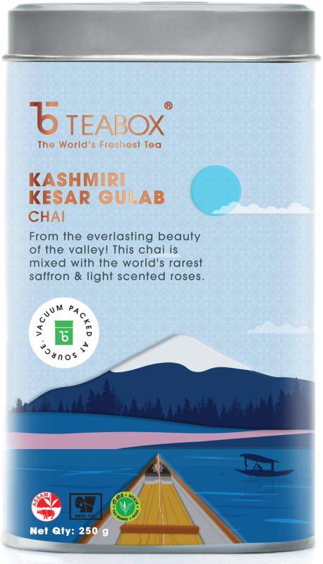 Teabox Kashmiri Kesar Gulab Chai | From The Everlasting Beauty Of The Kashmir Valley | Mixed With The World's Rarest Saffron & Light Scented Roses | 250 Grams… Rose, Saffron Black Tea Tin  (0.36 g)