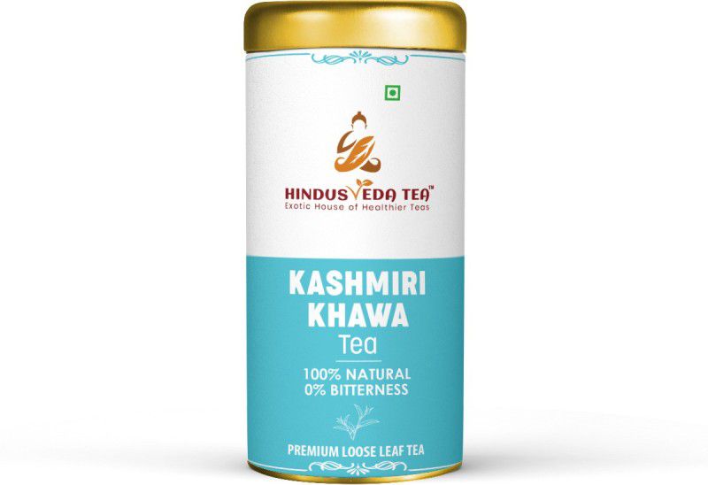HINDUSVEDA TEA : Kashmiri Kahawa Green Tea (100 g - 50 cups ),with Almonds, Rose, Cinnamon, Clove, Cardamom, Ginger, Black pepper & Green Tea |Premium Loose Leaf Desi Kahawa Tea|Detox Green Tea|Desi Detox Tea| Green Tea Tin  (100 g)