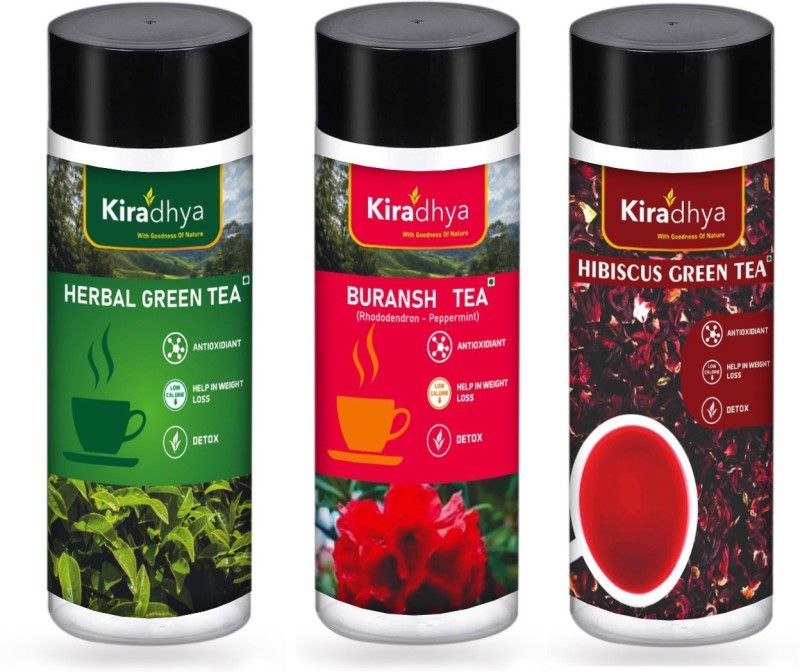 Kiradhya Trading Herbal Green Tea+ Buransh (Rhododendron) Tea+Hibiscus Green Tea 3X50 Gram Combo Hibiscus Green Tea Plastic Bottle  (3 x 50 g)