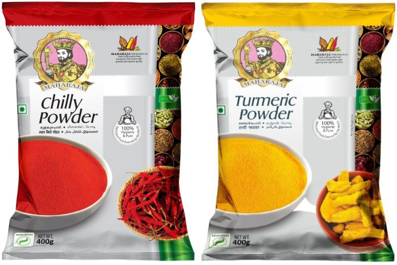 MAHARAJA Pure Turmeric & Chilli (Mild Spicy) Powder Combo (Haldi & Laal Mirchi) 400g each  (2 x 400 g)