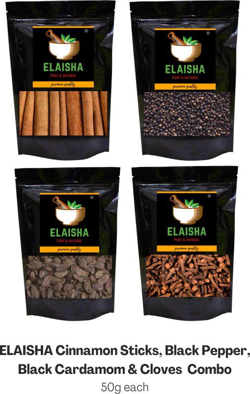 ELAISHA Whole Spices Combo Cinnamon Stick, Black Pepper, Black Cardamom & Cloves Premium  (4 x 50 g)