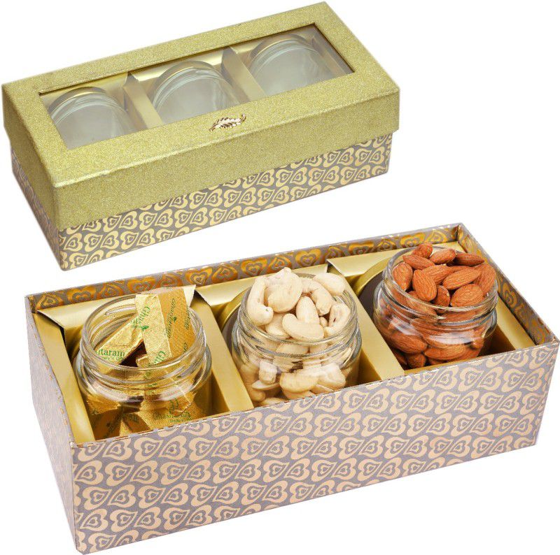 Jaiccha Dryfruits -Golden box with 3 Jars of Cashews, Almonds and Mewa Bites Combo  (Almonds (100 gms), Cashew (100 gms), Mewa Bites (100 gms), 3 Glass Jars)