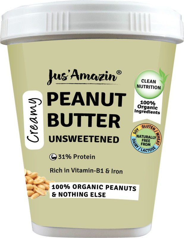 Jus' Amazin Creamy Organic Peanut Butter-Unsweetened | 31% Protein | Vegan | Clean Nutrition 1 kg