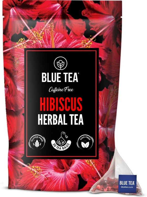 BLUE TEA Hibiscus Flower Tea - 30 Pyramid Tea Bags || HIGH on ANTIOXIDANTS || Herbs Herbal Tea Bags Pouch  (30 Bags)