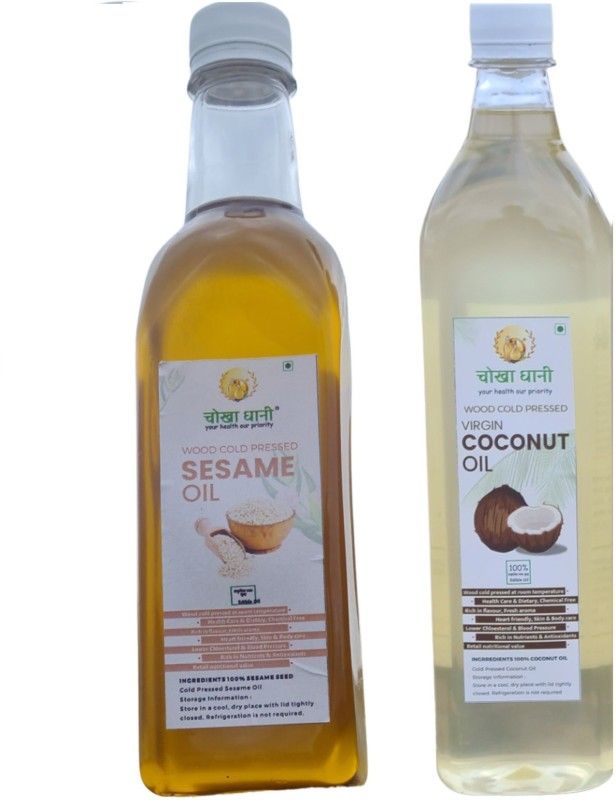 CHOKHA GHANI Sesame Oil 500ml & Virgin Coconut Oil 500ml Cold Pressed For Hair & Cooking Sesame Oil Plastic Bottle  (2 x 0.5 L)